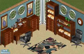 Sims 1 — AM Dark Office by Secret Sims — Includes: Desk, Bookcases(3), Clock, Paintings(2), Rug, Chair