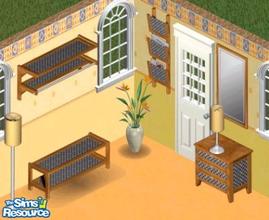 Sims 1 — Vision Entrance by Secret Sims — Includes: Table Lamp, Endtable, Floor Lamp, Hat Rack, Wall Mirror, Newspaper
