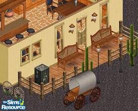 Sims 1 — Tombstone by Secret Sims — Includes: Ancient Stove, Old Bar, Bar, Chairs(3), Counters(4), Sinks(2), Bench,