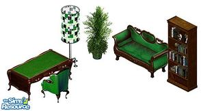 Sims 1 — Green Office Set by Mr2capone — Includes: Desk, Chair, Loveseat, Bookcase, Lamp, Plant