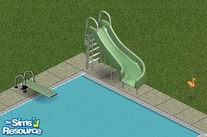 Sims 1 — Backslacker Tribute Pool Set by MissMokie — Includes: diving board, pool slide, and yard flamingo