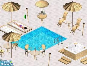Sims 1 — Beach Set by Fairywitch — Includes: Bar, Blanket, Chairs(2), Endtable, Hot Tub, Recliner, Steps, Table, Umbrella