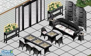 Sims 1 — Black Wicker Patio by Raveena — Includes: Window, Door, Chair, Dining Table, Endtable, Planter, Screen, Sofa,