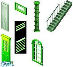 Sims 1 — Leafy Green Build Set by Sab — Includes: Windows(2), Doors(2), Stairs, Fence, Column
