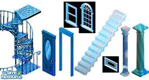 Sims 1 — Blue Build Set by Sab — Includes: Stairs(2), Windows (3), Columns(2), Doors (2)