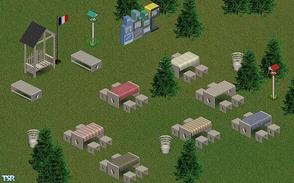 Sims 1 — Simday Park 2 by STP Carly — Includes: Bench, Bench Shelter, Birdhouses(2), Chair, French Flag, Tables (7),