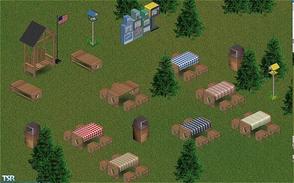 Sims 1 — Simday Park 1 by STP Carly — Includes: Bench, Shelter, Birdhouses(2), Chair, Flag, News Stand, Tables (7), Trash