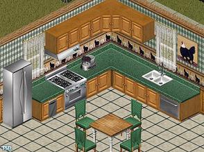 Sims 1 — Green Oak Kitchen by victoriamayorofthetown — Includes: Counters (2), Dishwasher, Trash compactor, Painting,