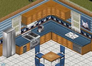 Sims 1 — Blue Country Oak Kitchen by victoriamayorofthetown — Includes: Counters, Dishwasher, Trash Compactor, Fire