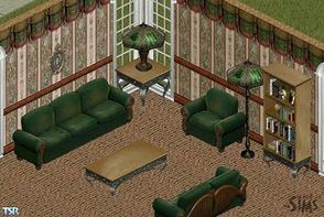 Sims 1 — Unleashed Livingroom Set by victoriamayorofthetown — Includes: Sofa, Chair, Endtable, Bookcase, Floor Lamp,