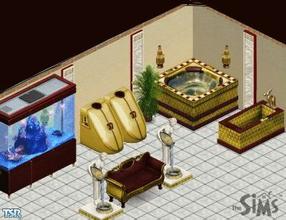 Sims 1 — Regal Golden Spa Set by Ayshala0 — Includes: Pool Fountain, Hot Tub, Soaking Tub, Steamer, Sofa, Plant,