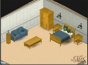 Sims 1 — Slate and Oak Bedroom Set by Ayshala0 — Includes bed, end table, dresser, coffee table, loveseat, Vase on stand,