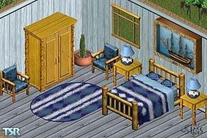 Sims 1 — Rustic Log Bedroom by Raveena — Bed, Dresser, End Table, Chair, Rug, Lamp, Window.